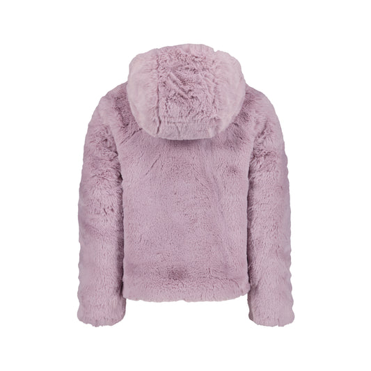 Manteau Mi-Saison - Under Armour rose en matière effet fourrure avec capuche, vue de dos