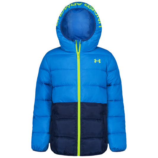 Manteau Mi-Saison - Under Armour bleu et bleu marine, à capuche et fermeture éclair vert fluo, vue de face pour enfant