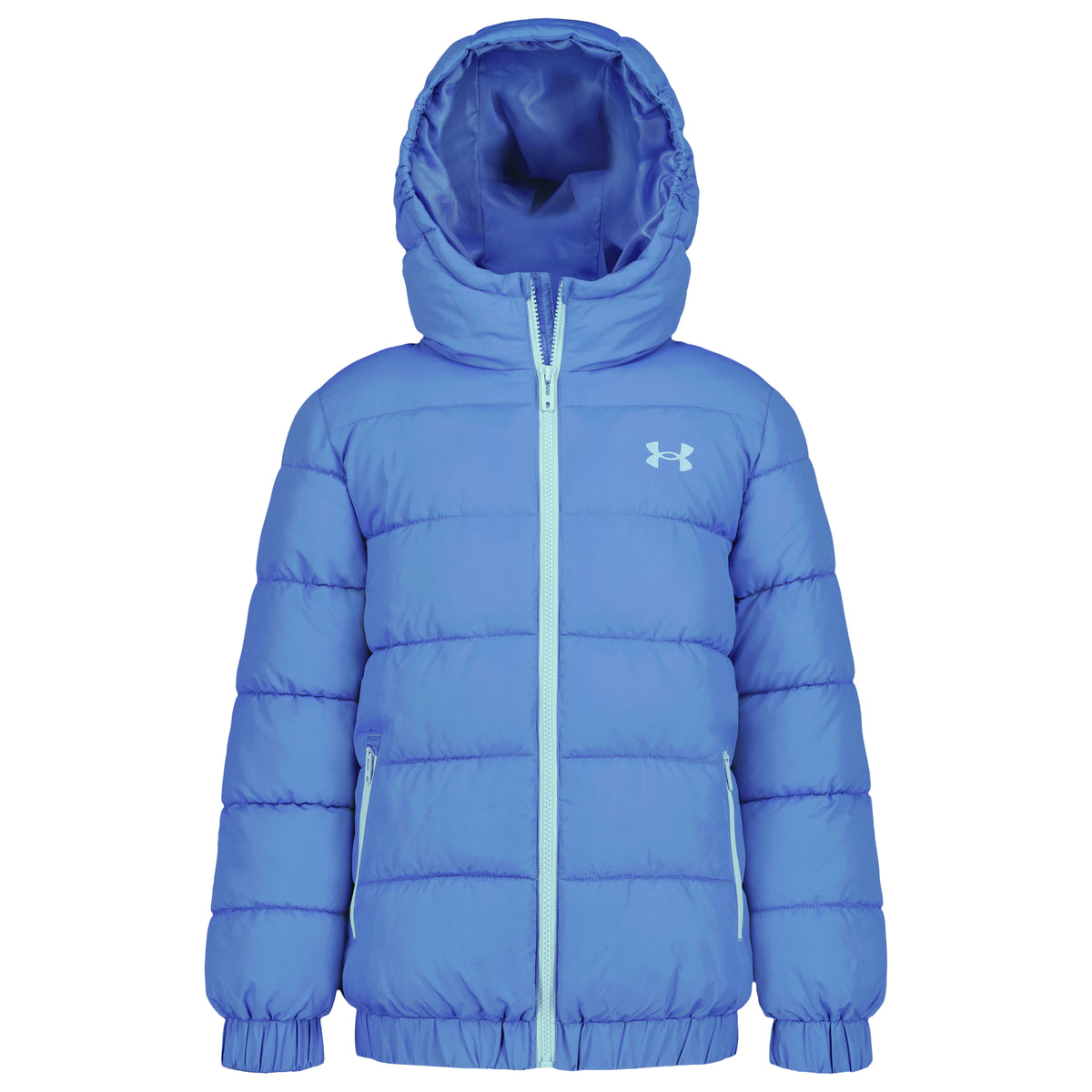 Manteau Mi-Saison - Under Armour bleu matelassé à capuche avec fermeture éclair et logo visible vue de face