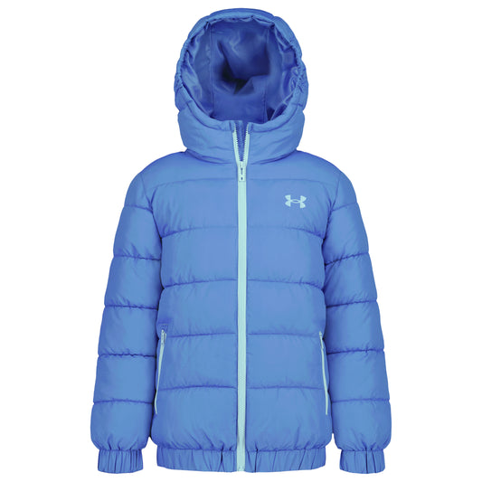 Manteau Mi-Saison - Under Armour bleu matelassé à capuche avec fermeture éclair et logo visible vue de face
