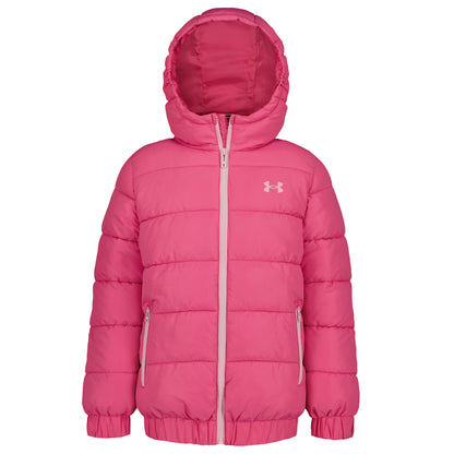Manteau Mi-Saison - Under Armour rose matelassé à capuche, fermeture zippée et poches latérales pour enfant, vue de face