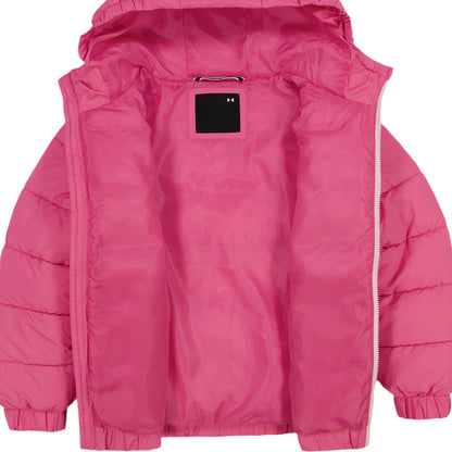 Manteau Mi-Saison - Under Armour rose matelassé à capuche, doublure visible et fermeture éclair, vue de face ouvert