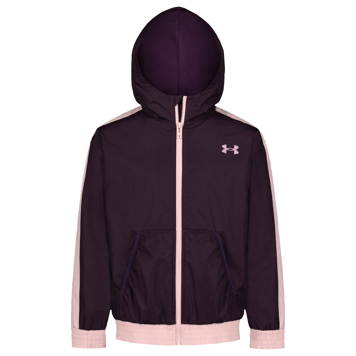 Manteau Mi-Saison - Under Armour, manteau à capuche violet foncé avec détails roses, fermeture éclair et poches, vue de face