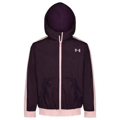 Manteau Mi-Saison - Under Armour, manteau à capuche violet foncé avec détails roses, fermeture éclair et poches, vue de face
