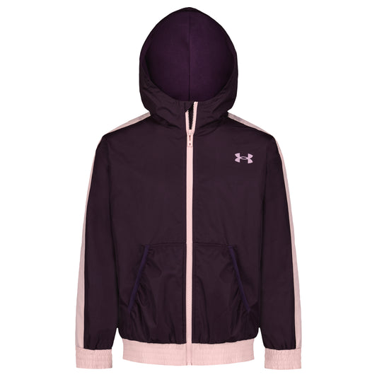 Manteau Mi-Saison - Under Armour, manteau à capuche violet foncé avec détails roses, fermeture éclair et poches, vue de face