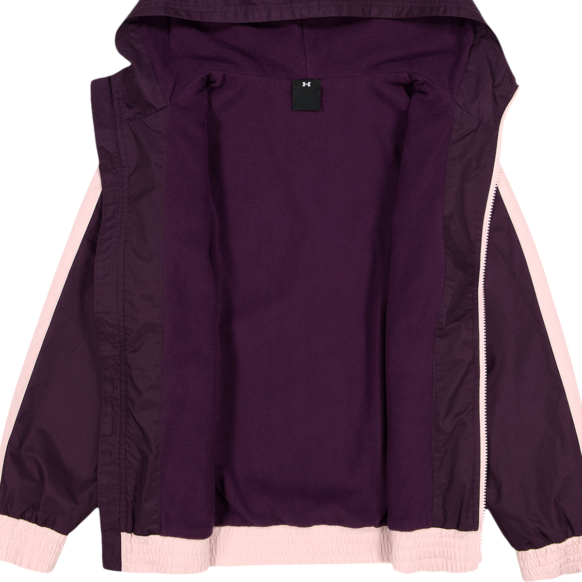 Manteau Mi-Saison - Under Armour violet prune avec détails roses, capuche et fermeture éclair, vue intérieure ouverte