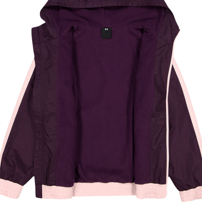 Manteau Mi-Saison - Under Armour violet prune avec détails roses, capuche et fermeture éclair, vue intérieure ouverte