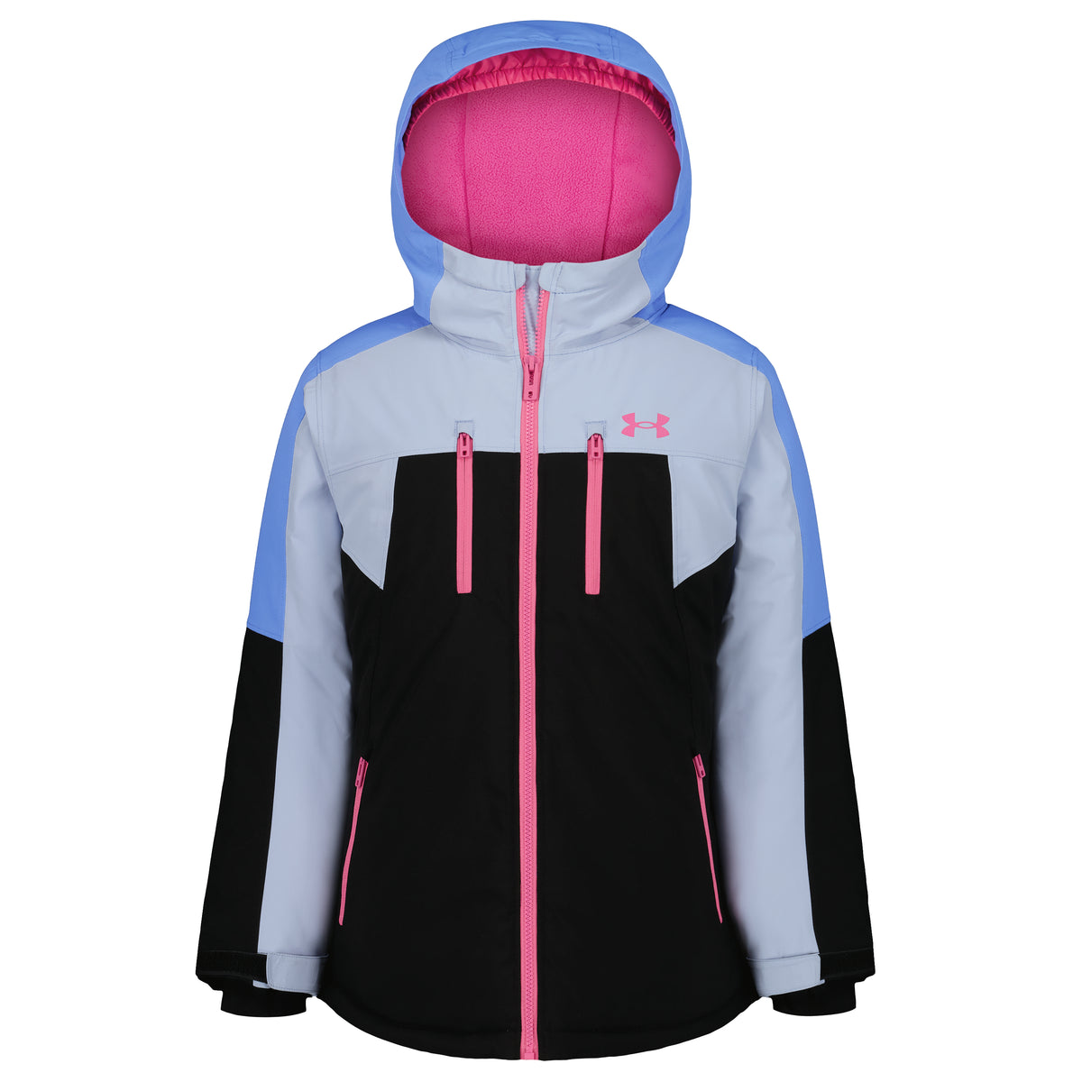 Manteau D'hiver - Under Armour à capuche bleu clair et noir avec détails roses pour enfant vue de face