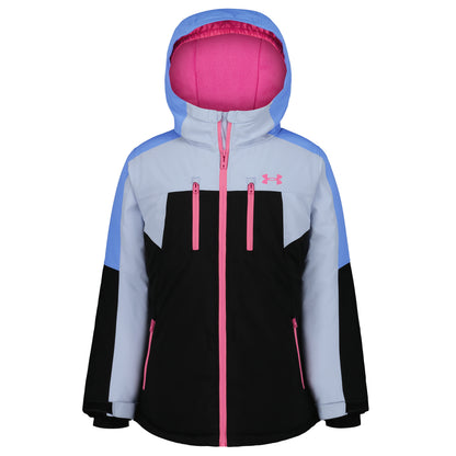Manteau D'hiver - Under Armour à capuche bleu clair et noir avec détails roses pour enfant vue de face