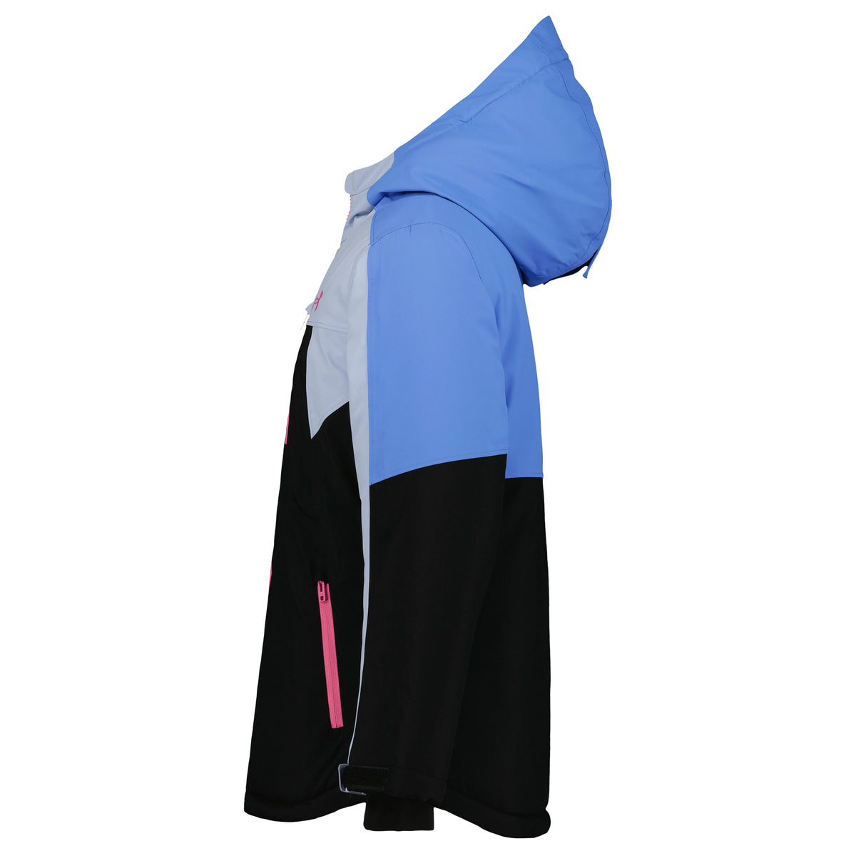 Manteau D'hiver - Under Armour bleu noir et blanc avec capuche et fermeture rose vue de profil