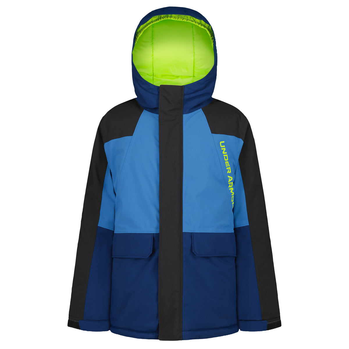 Manteau d'hiver - Under Armour bleu et noir à capuche avec fermeture zippée et poches à rabat vue de face