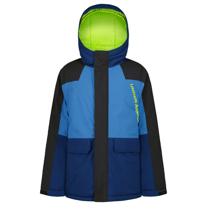 Manteau d'hiver - Under Armour bleu et noir à capuche avec fermeture zippée et poches à rabat vue de face