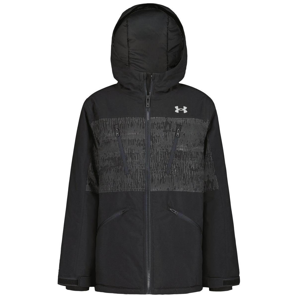 Manteau d'hiver - Under Armour noir à capuche avec empiècement texturé gris et fermeture zippée centrale vue de face