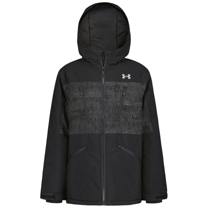 Manteau d'hiver - Under Armour noir à capuche avec empiècement texturé gris et fermeture zippée centrale vue de face