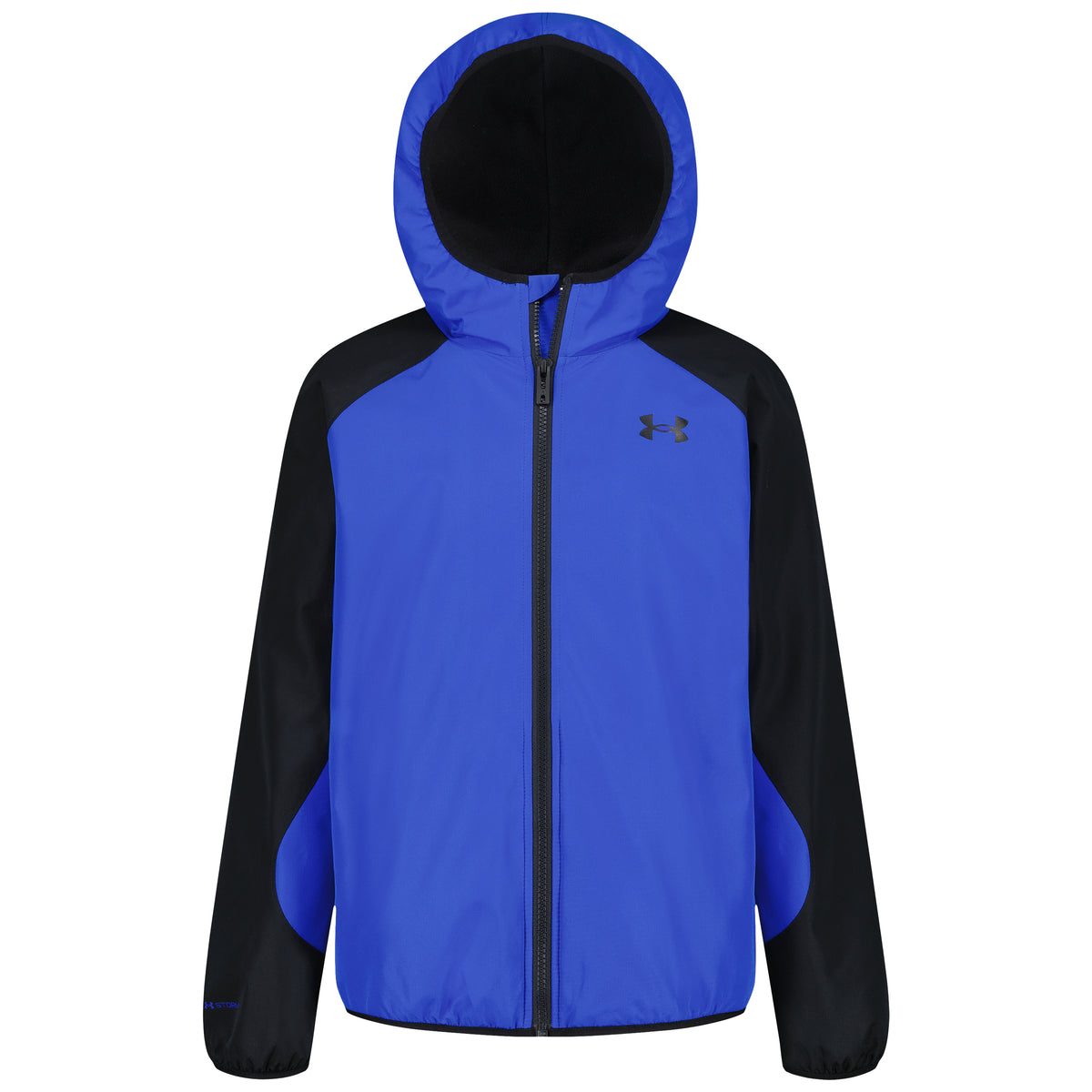 Veste à capuche bleue et noire pour enfant, coupe sportive, fermeture zippée et logo visible, vue de face