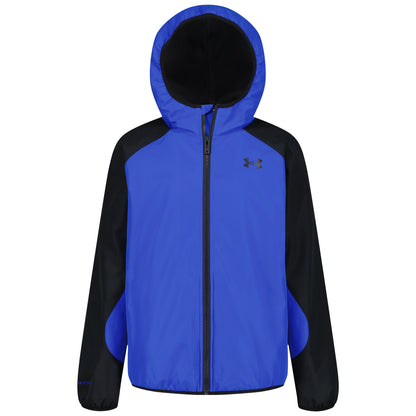 Veste à capuche bleue et noire pour enfant, coupe sportive, fermeture zippée et logo visible, vue de face
