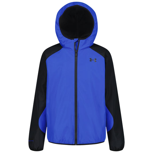 Veste à capuche bleue et noire pour enfant, coupe sportive, fermeture zippée et logo visible, vue de face