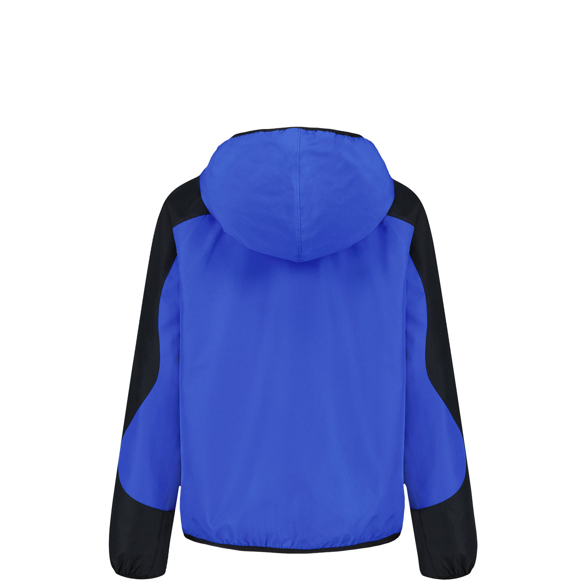 Veste à capuche bleue et noire, avec manches contrastées, vue de dos sur fond blanc