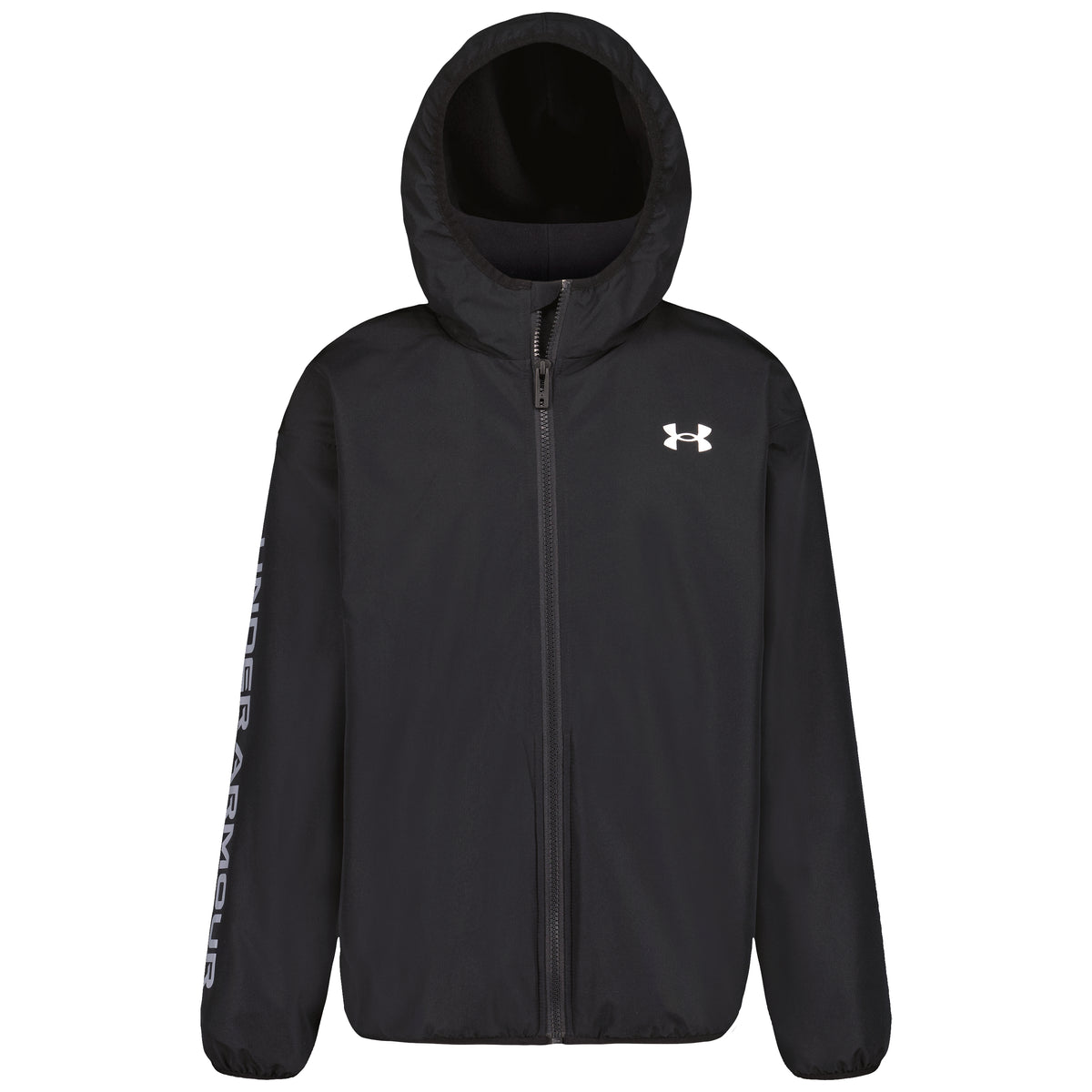 Manteau Mi-Saison - Under Armour noir à capuche avec fermeture zippée et logo blanc vue de face