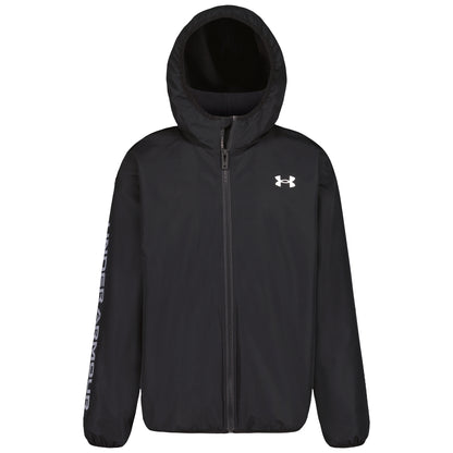 Manteau Mi-Saison - Under Armour noir à capuche avec fermeture zippée et logo blanc vue de face