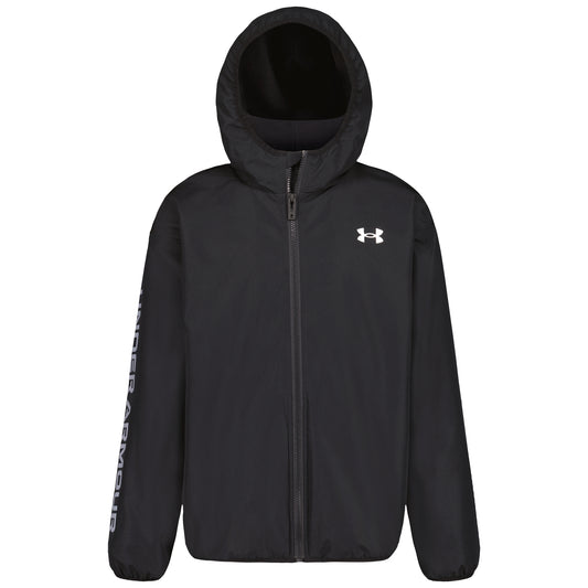 Manteau Mi-Saison - Under Armour noir à capuche avec fermeture zippée et logo blanc vue de face