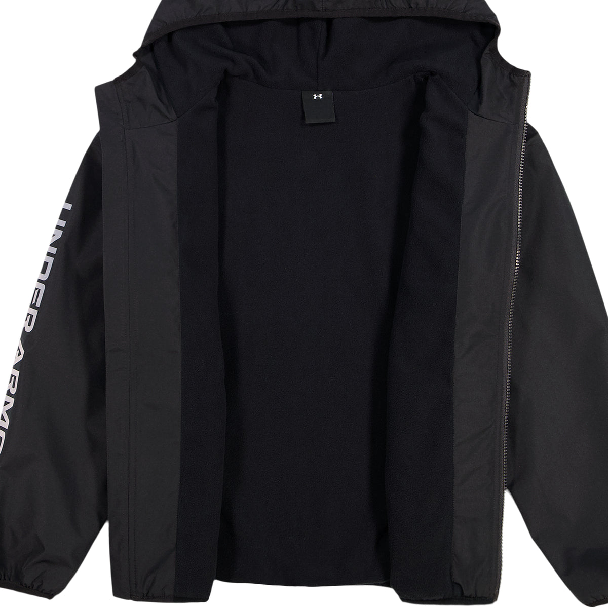 Manteau Mi-Saison - Under Armour noir à capuche et fermeture éclair ouverte sur l’avant vue de face
