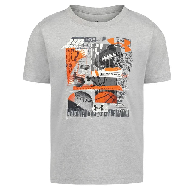 T-Shirt - Under Armour gris clair en coton pour enfant, imprimé graphique sportif orange, noir et blanc, vue de face.