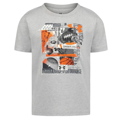 T-Shirt - Under Armour gris clair en coton pour enfant, imprimé graphique sportif orange, noir et blanc, vue de face.