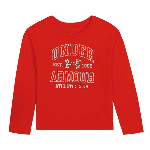 Chandail - Under Armour rouge à manches longues en coton, style sportif avec logo imprimé blanc, vue de face pour enfant.