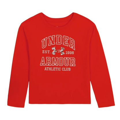 Chandail - Under Armour rouge à manches longues en coton, style sportif avec logo imprimé blanc, vue de face pour enfant.