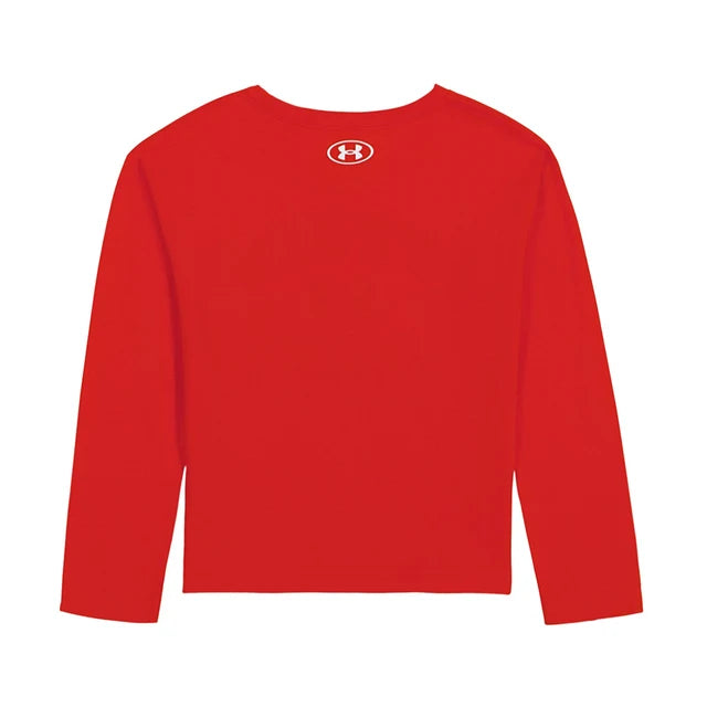 Chandail - Under Armour rouge uni à manches longues en tissu polyester, pour enfant, vue de dos avec logo blanc au col.