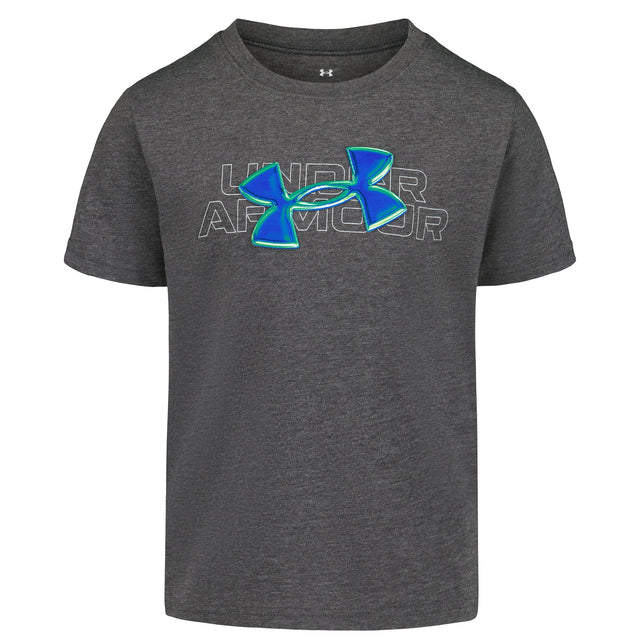T-Shirt - Under Armour gris chiné avec logo bleu et vert fluo, style garçon, vue de face, manches courtes en coton.