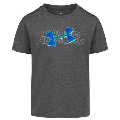 T-Shirt - Under Armour gris chiné avec logo bleu et vert fluo, style garçon, vue de face, manches courtes en coton.