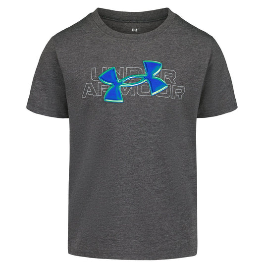 T-Shirt - Under Armour gris chiné avec logo bleu et vert fluo, style garçon, vue de face, manches courtes en coton.