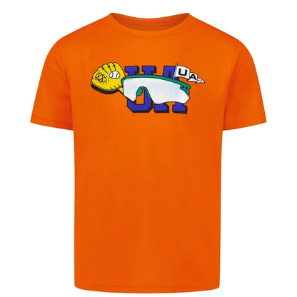T-Shirt - Under Armour orange vif avec imprimé graphique multicolore représentant un gant de baseball et lunettes de protection, vue de face.