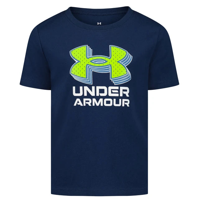 T-Shirt - Under Armour bleu marine en coton avec logo vert fluo et blanc, style classique à manches courtes, vue de face.