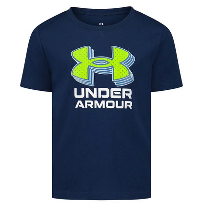 T-Shirt - Under Armour bleu marine en coton avec logo vert fluo et blanc, style classique à manches courtes, vue de face.