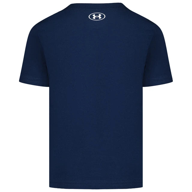 T-Shirt - Under Armour bleu marine en coton, manches courtes, vue de dos avec logo blanc au col, pour enfant.