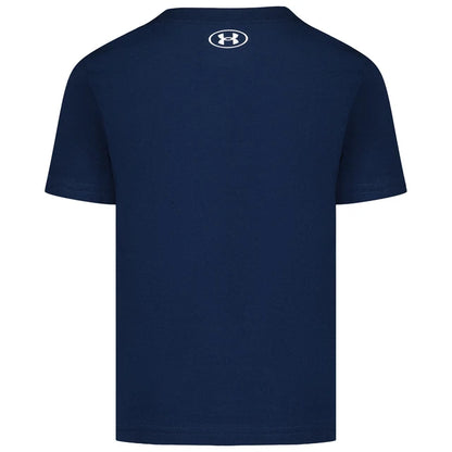T-Shirt - Under Armour bleu marine en coton, manches courtes, vue de dos avec logo blanc au col, pour enfant.