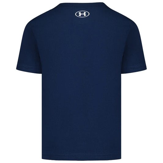 T-Shirt - Under Armour bleu marine en coton, manches courtes, vue de dos avec logo blanc au col, pour enfant.