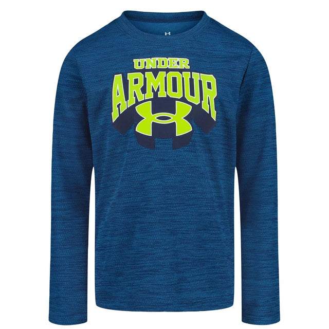 Chandail - Under Armour bleu marine avec logo jaune fluo et noir sur le devant, manches longues, vue de face.