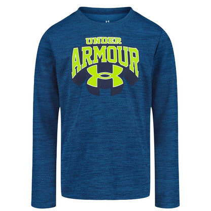 Chandail - Under Armour bleu marine avec logo jaune fluo et noir sur le devant, manches longues, vue de face.