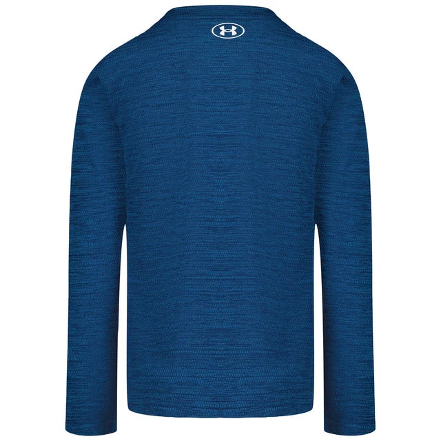 Chandail - Under Armour bleu marine à manches longues, avec logo blanc au col, vue de dos, tissu technique pour enfant.