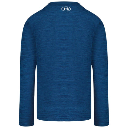 Chandail - Under Armour bleu marine à manches longues, avec logo blanc au col, vue de dos, tissu technique pour enfant.