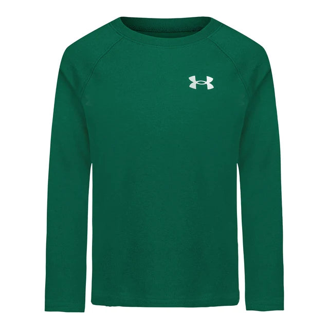 Chandail - Under Armour vert foncé en tissu doux, manches longues, logo blanc sur la poitrine, pour enfant, vue de face.