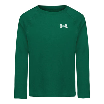 Chandail - Under Armour vert foncé en tissu doux, manches longues, logo blanc sur la poitrine, pour enfant, vue de face.