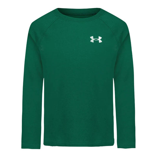 Chandail - Under Armour vert foncé en tissu doux, manches longues, logo blanc sur la poitrine, pour enfant, vue de face.
