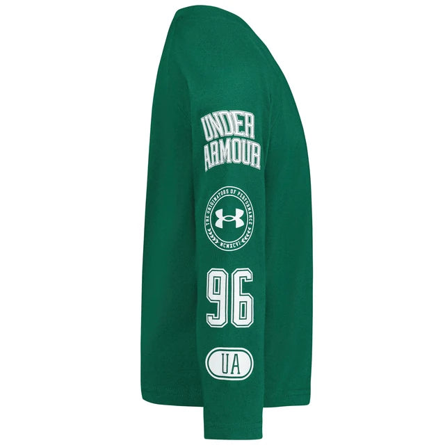 Manche longue verte avec logos blancs sur le bras, style sport, en coton, pour enfant, vue de côté, Chandail - Under Armour.