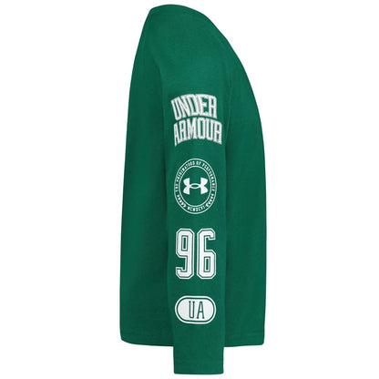 Manche longue verte avec logos blancs sur le bras, style sport, en coton, pour enfant, vue de côté, Chandail - Under Armour.