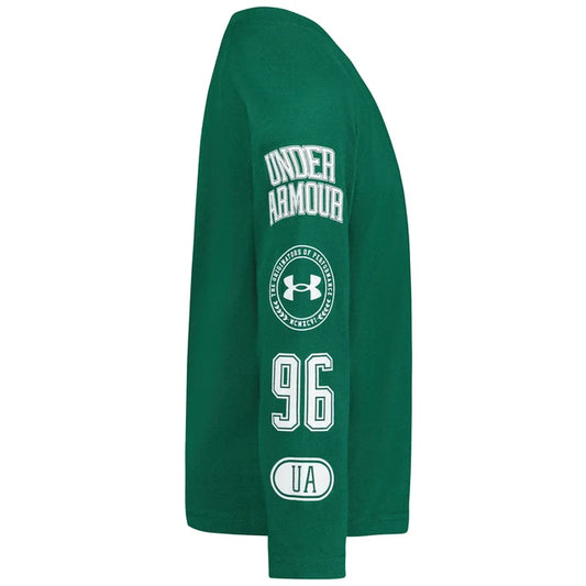 Manche longue verte avec logos blancs sur le bras, style sport, en coton, pour enfant, vue de côté, Chandail - Under Armour.